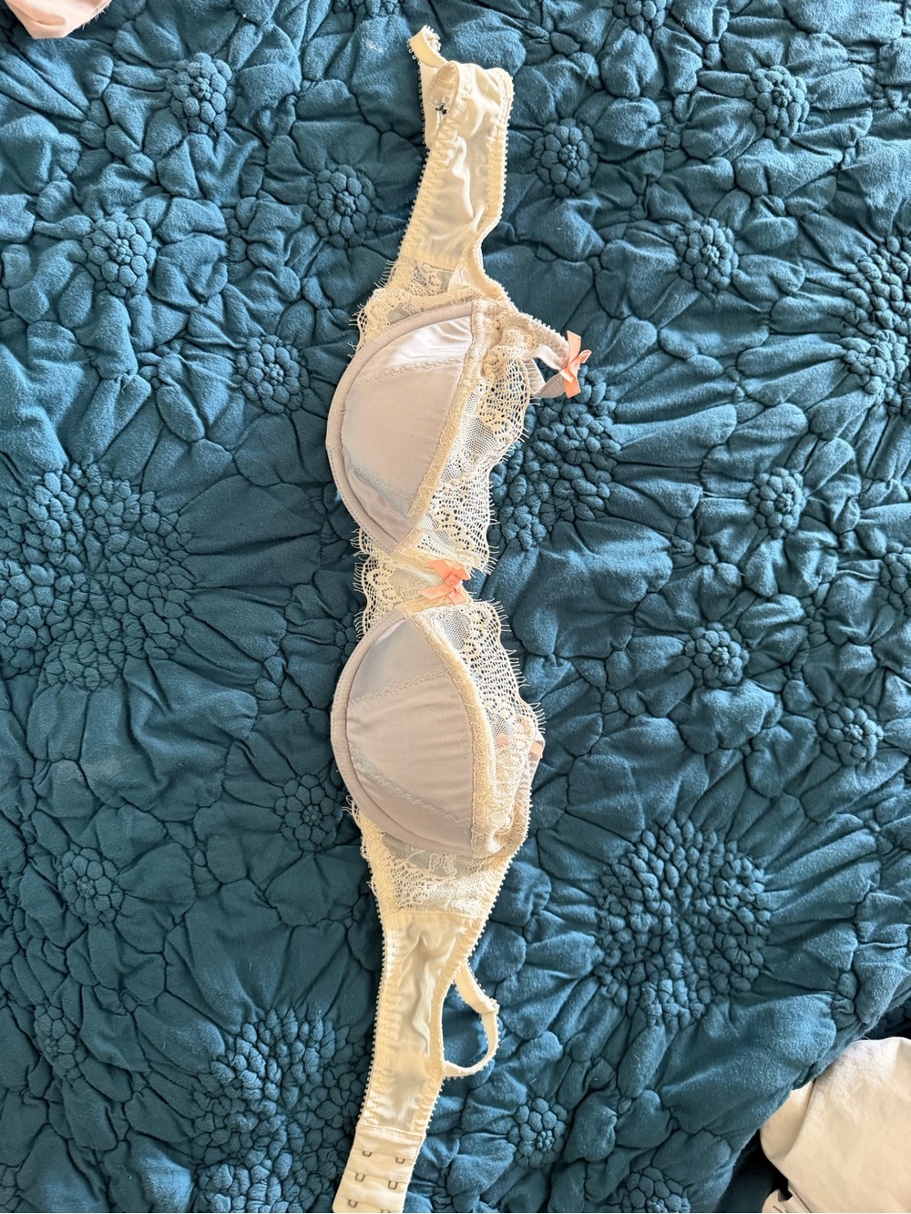 Cream and Lilac Lace Underwire Bra with Pink Bow Accents